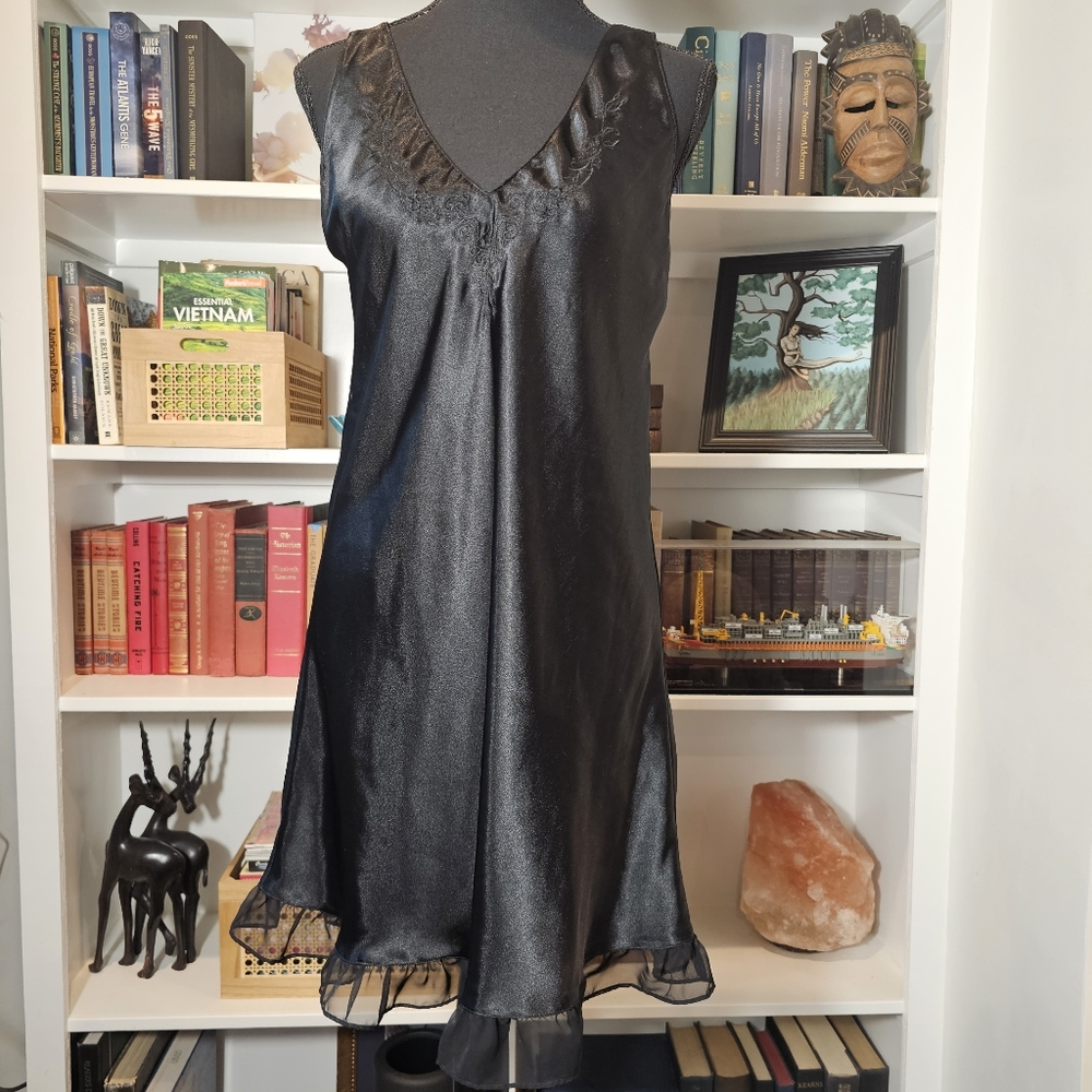 Short Black Chemise with Deep V-Neck and  Ruffle Hem